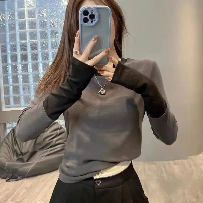 Spring Autumn New Fashion Round Neck Long Sleeve T-Shirts Color Blocking Women's Clothing Korean Grind Hair All-match Chic Tops