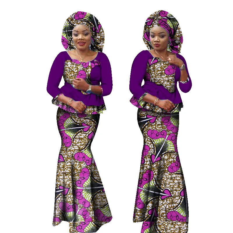 2Pcs Sets Tops and Maxi Long Skirt and Headtie Dashiki Ankara Outfits Gown Plus Size Wedding Party Church Dresses African Clothe