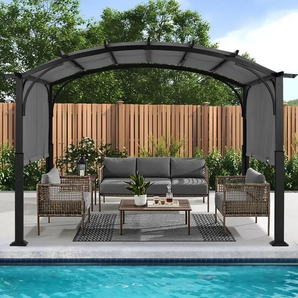 

Outdoor Pergola 10x10, Arched Patio Gazebo with Retractable Sun Shade, Dary Gray