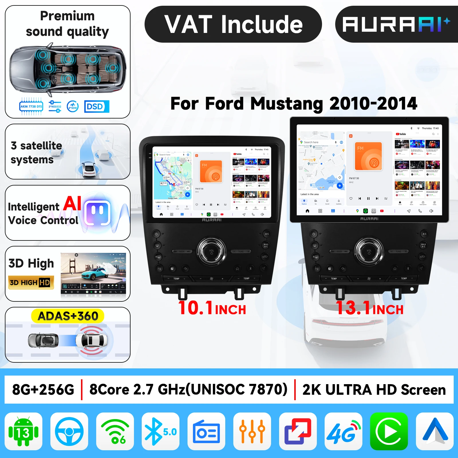 AURAAI 2.7Ghz*8 2K Écran intelligent pour voiture 4G Carplay Android Auto Radio pour Ford Mustang 2010-2014 Stéréo multimédia GPS RDS DSP Écran 1920*1200 Ultra 3D Haute Interface Radio en ligne Amplificateur TDA7708,7851, DTS AKM 7738, avec système de sécurité Tesla Style Drive