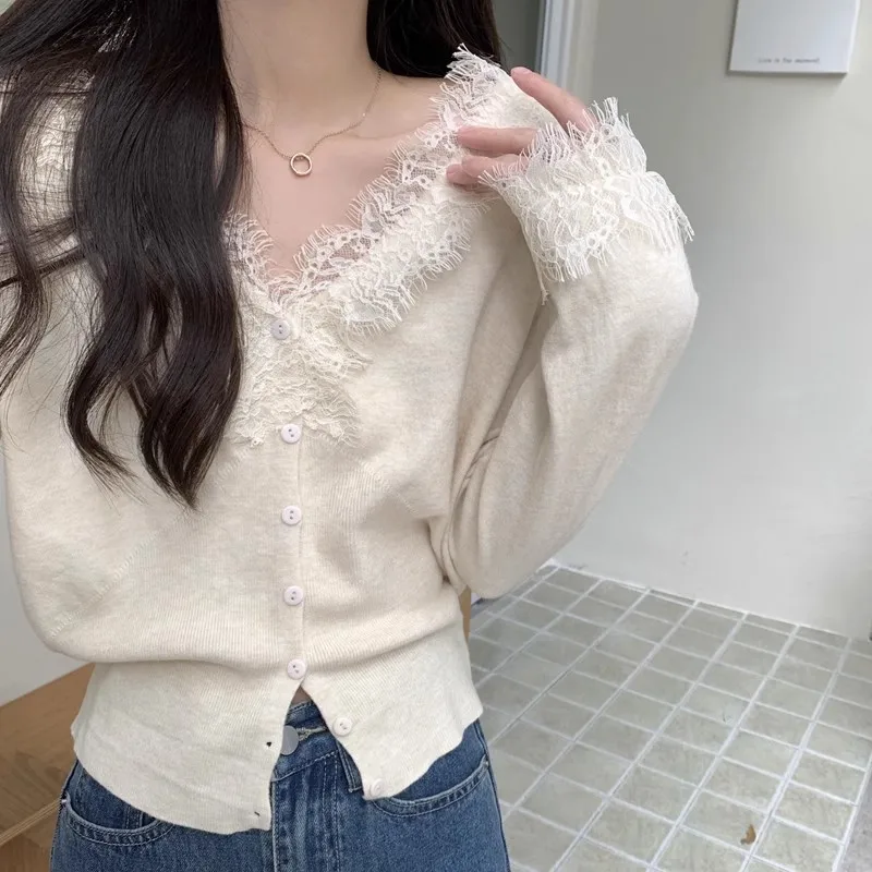 Elegant Knit Lace Cardigan for Women Knitted Loose Warm Cardigans Sweater Oatmeal White Apricot Black New Autumn Winter Clothes