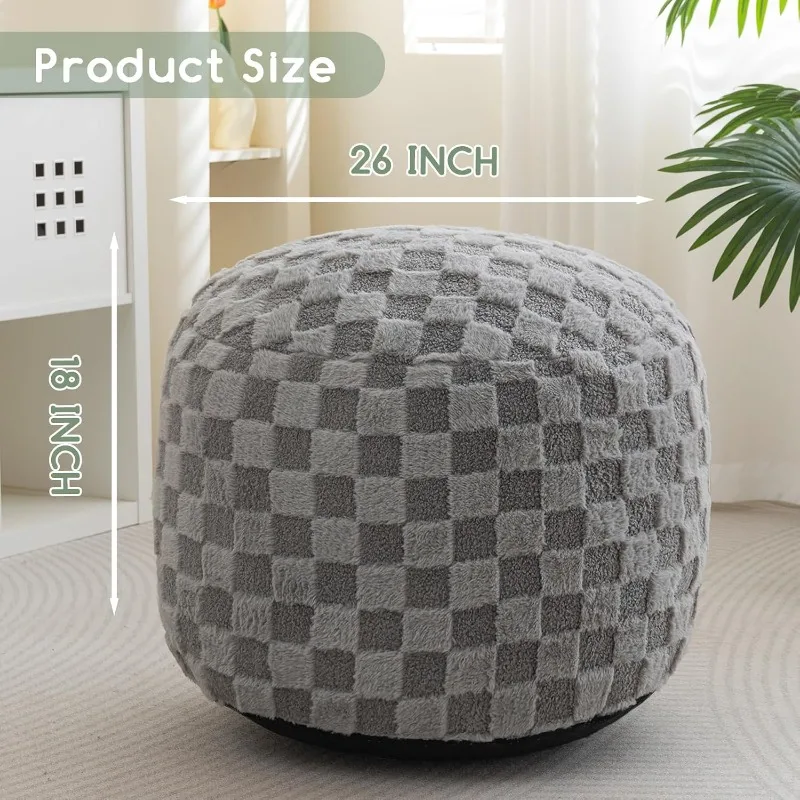 Round Stuffed Pouf Ottoman, Plaid Poufs with Foam Chunk Filling, Fluffy & Furry Pouf Foot Stool Storage Ottoman for Living Room