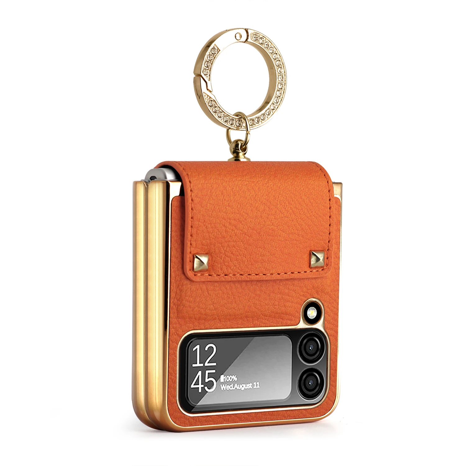 Vietao Z Flip 3 Flip 4 Cover, Plating PC Ring Holder, Orange Leather Mobile Phone Case for Samsung Galaxy Z Flip 4 3 Zflip4