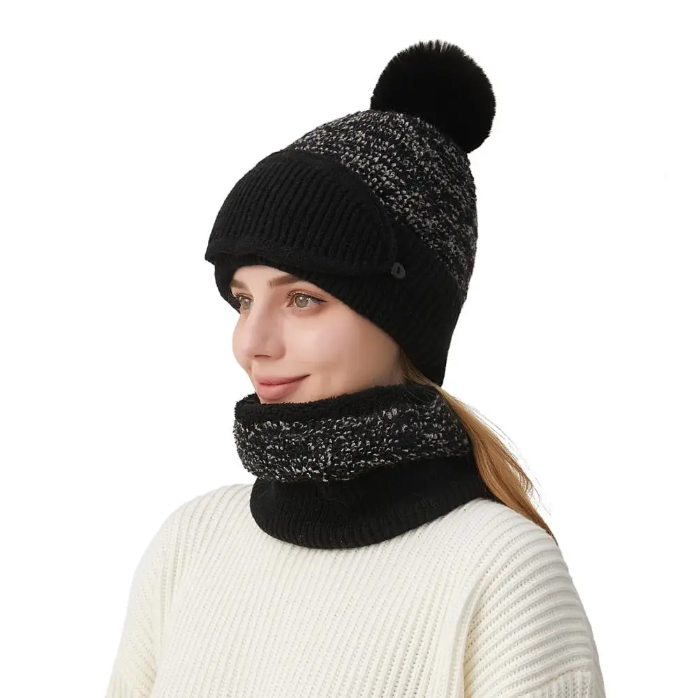 Gorro de invierno 3 en 1 con pompón, pasamontañas con forro polar de punto, máscara facial, bufanda para el cuello, cálido y holgado