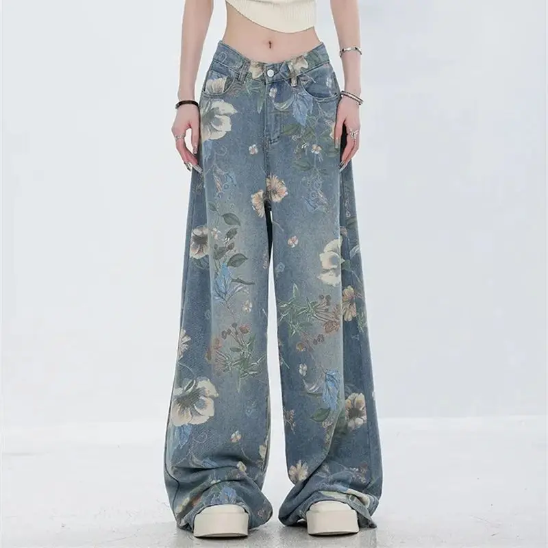 Bedrukte gescheurde jeans Amerikaans 2025, zomer, nieuw retro-design, nis, losse wijde pijpen, vloerlengte, rechte pijpen, broek voor woon-werkverkeer WF