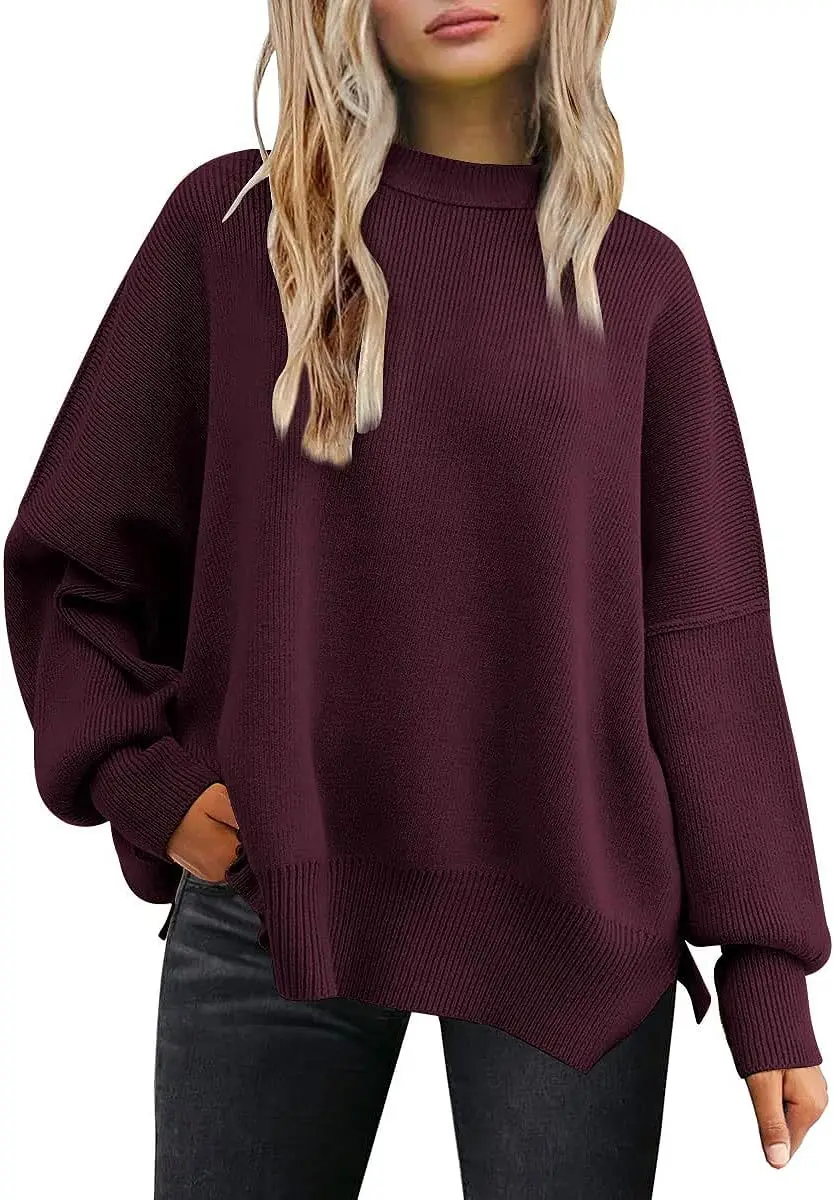 Women Crewneck Batwing Long Sleeve Sweater 2023 Fall Oversized Ribbed Knit Side Slit Pullover Top