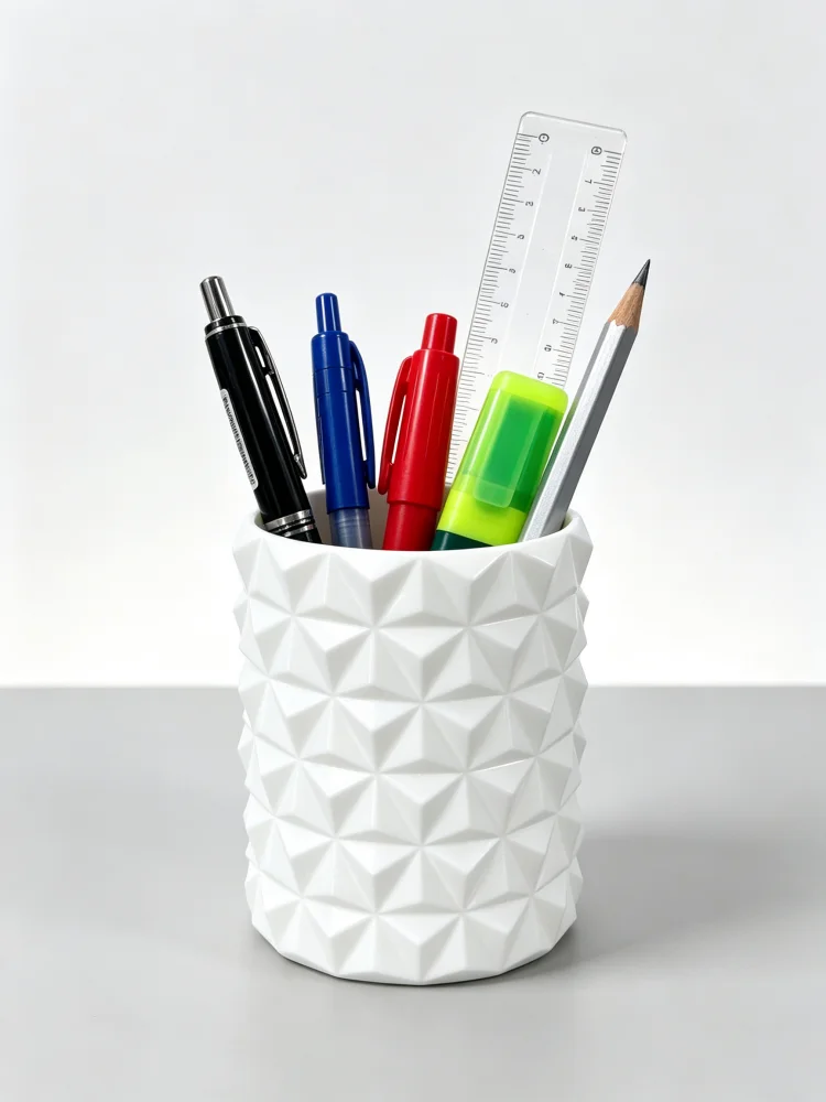 White Cylindrical Geometric Pattern Stationery Organizer Box with Diamond-Cut Surface, Petg Material, Lightweight, Sturdy, Easy to Clean, Non-Slip Stable Base, Large Capacity for Pen Storage, Suitable for Office Workstations, Home Study Rooms, Student Desks, Desktop Decoration, Makeup Brush Storage Holder, Cost-Effective Office and Student Gift Accessories