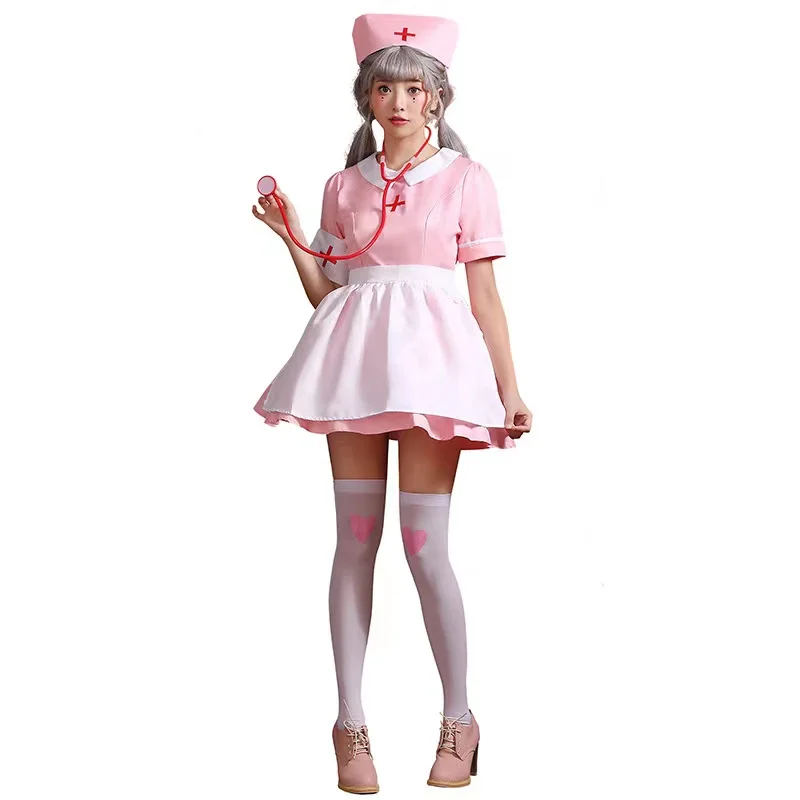 Pink Women Doctor Nurse Cosplay Female Halloween Medical Workers Costumes Carnival Purim Nightclub Bar Role Playing Party Dress