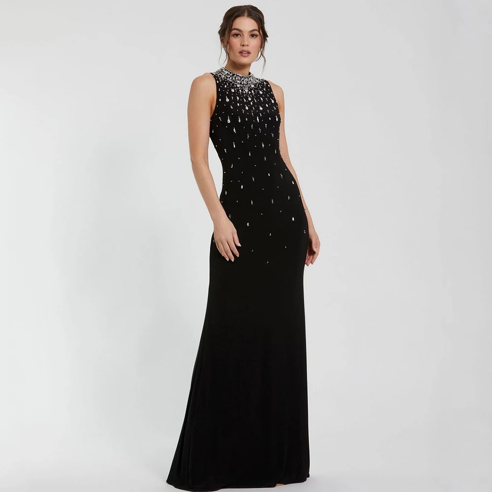 

Black O-Neck Sleeveless Evening Dress Straight Floor Length with Beading Women Zipper Gowns for Wedding Party Customized