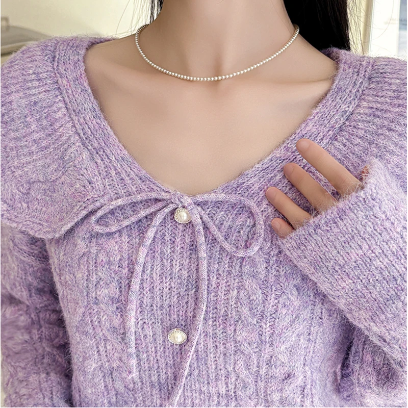 Moda coreana gola de boneca camisola mulher inverno babados arco malhas pullovers outwear malha topos bege roxo jumper feminino