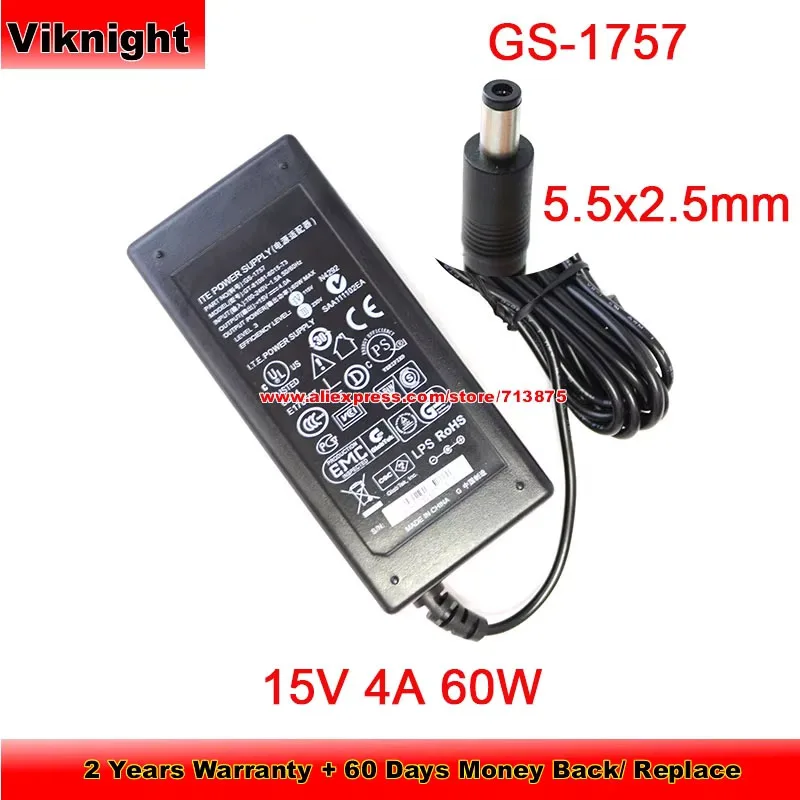 

Блок питания GS-1757 15V 4A 60W 5.5x2.5mm AC для GS1757 GT-81081-6015-T3 GT810816015T3 ROHS7828571