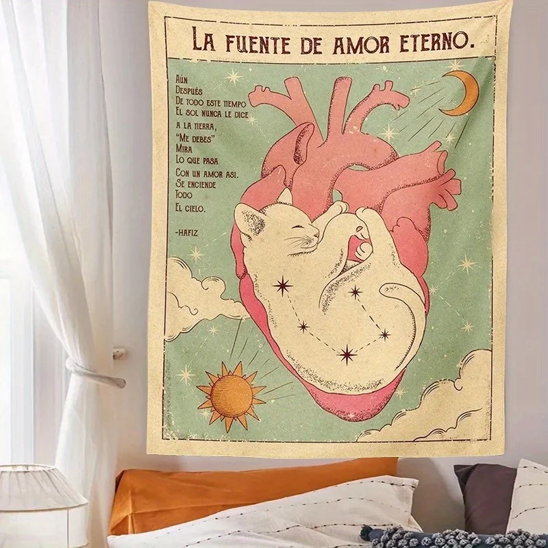 VIKAMA Vintage Heart & Cat Tapestry Spanish 