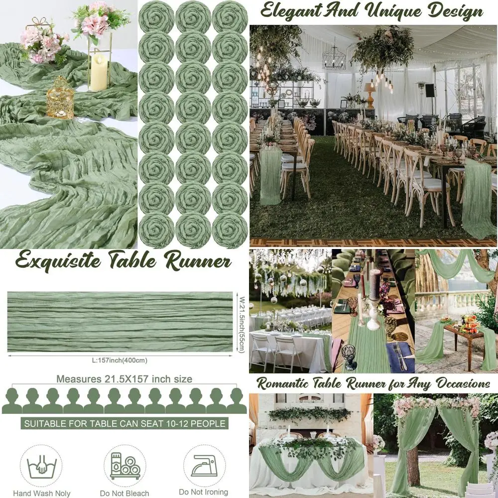 

Green Bohemian Style Cheesecloth Table Runner, 13ft x 157 for Wedding, Party Decor