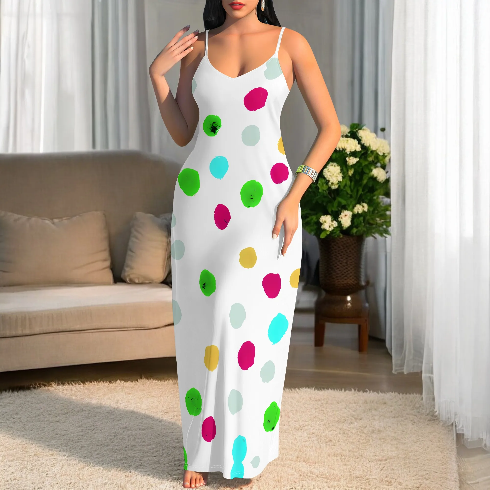 

Plus Size Summer Casual Long Dress for Women Cute Polka Dot Print Holiday Spaghetti Strap Dress