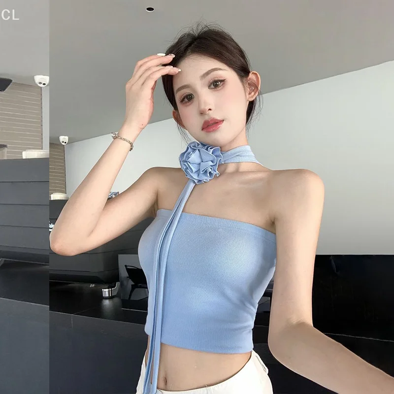 ผู้หญิงเซ็กซี่ Halter คอ Crop Tube Top ฤดูร้อนสีทึบปิดไหล่ Camisole 3D ดอกไม้ Backless Slim Tank Tops