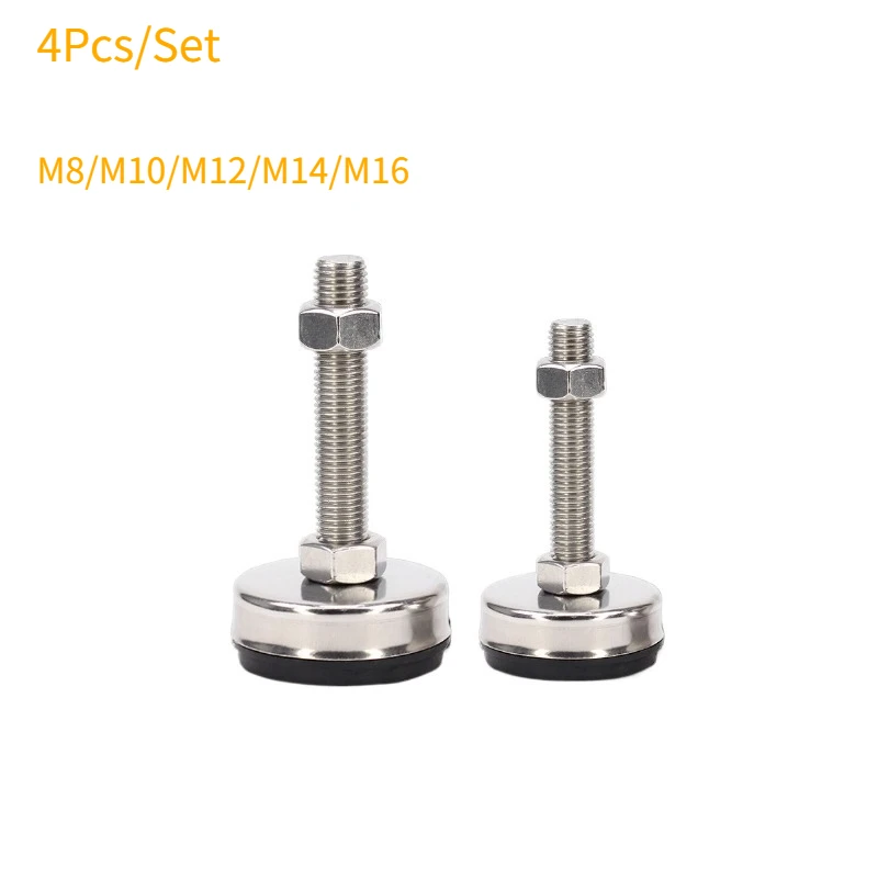 4Pcs Stainless Steel Fixed Adjusting Furniture Foot With M8 M10 M12 M14 Threaded Rubber Seat Anti-Slip Damping Guard Glide Pad