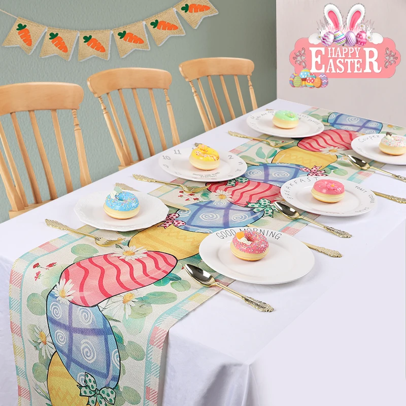 

Easter Bunny Table Runner Happy Easter Rabbit Egg Linen Dining Table Cloth Placemat Easter Home Kitchen Dining Table Party Decor