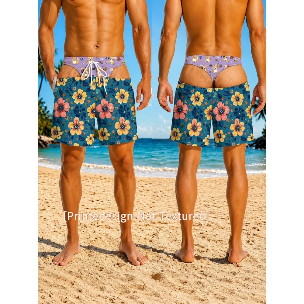 Tropical Floral Corgi Dog Print Men Swim Trunks Quick Dry Drawstring Beach Shorts Optical Illusion Board Shorts