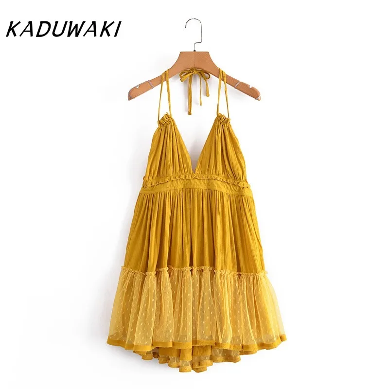 KADUWAKI Sexy Versátil Fino Camadas Malha Emenda Com Decote Em V Grande Backless Halter Robe Praia Vestido de Verão Ленее Плаikanе Больovahх Разukat