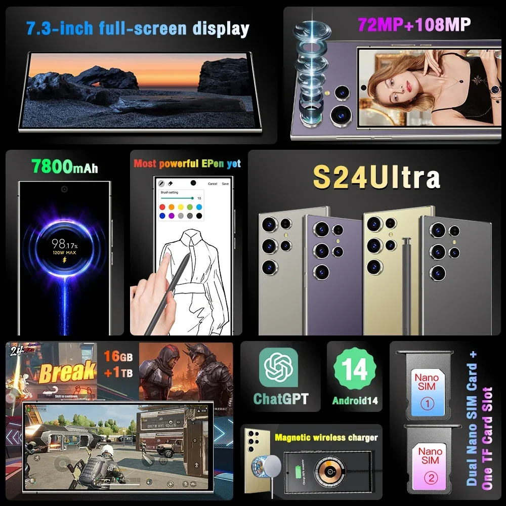 2025New S24 Ultra 7.3HD Cellphones Global Version 4G 5G Original Smartphone Dual SIM Android 14 Cell Phone 8000mAh Mobile Phones