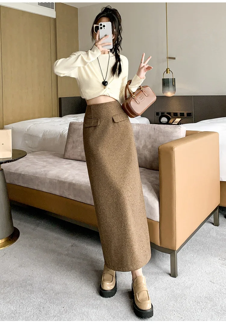 

Women Autumn/Winter Mid Length Straight Tube Coffee Colored One Step A Split A-Line Woolen Skirt