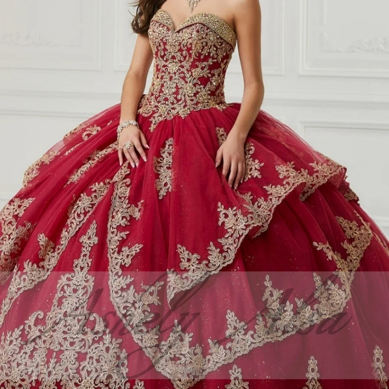 Robe de Bal Élégante en Dentelle Dorée pour Femme, Tenue de ixd'Anniversaire, Vin Rouge