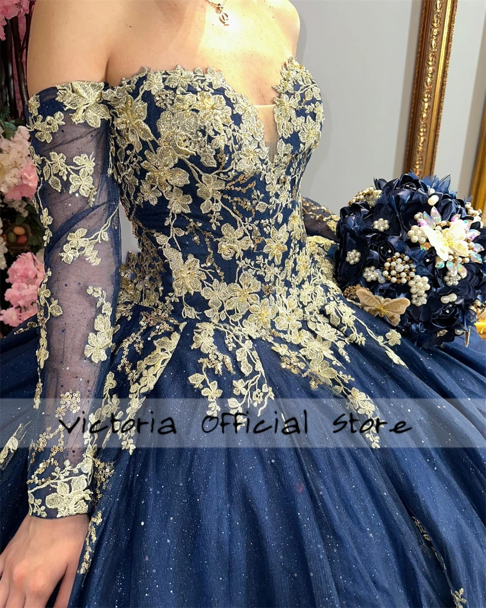 Remarkable Navy Blue Quinceanera Dresses Three Quarter Sleeves Gold Lace Appliques Mexican Ball Gown vestidos de 15 Customized