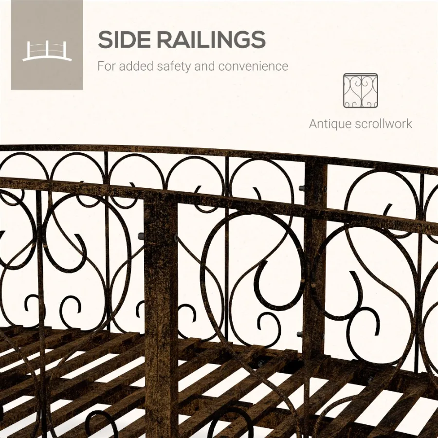 7' Metal Arch Garden Bridge with Safety Siderails Drative Arc Footbridge with Delicate Scrollwork S Motifs for Backyard Creek