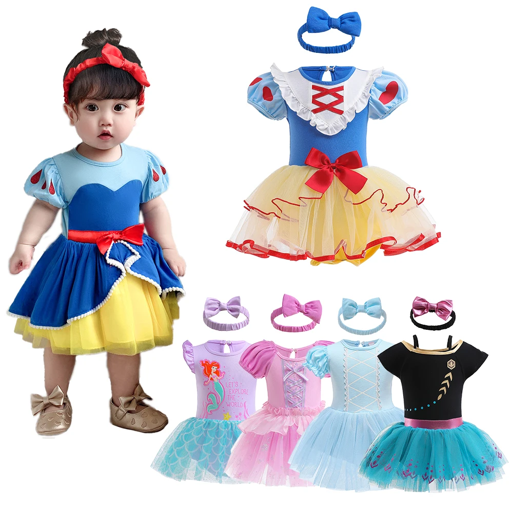 Infant Girl Romper Dress With Headband Elsa Belle Mermaid Snowwhite Fairy Tris Baby Girl Clothes Size 3-18M Baby Quality Dress