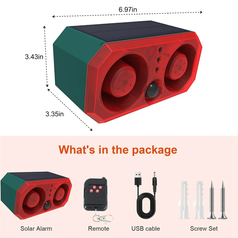FULL-พลังงานแสงอาทิตย์กลางแจ้ง Motion Sensor นาฬิกาปลุก 13 เสียง,130Db Dual Speaker Motion Detector Alarm Light พร้อมรีโมทสําหรับฟาร์ม Yard