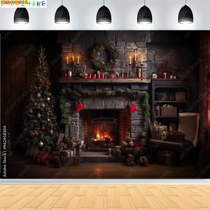 

Christmas Day Fireplace Photography Backdrops Prop illustration Window Living Room Interior Village House Theme Background HK-02