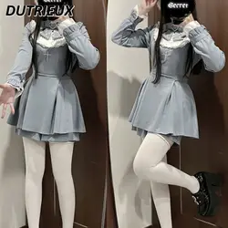 Lolita Suit Japanese Mine Sweet Girls Lace Long-sleeved Dress Embroidered Waist Splicing Top and Base Shorts Two Piece Set