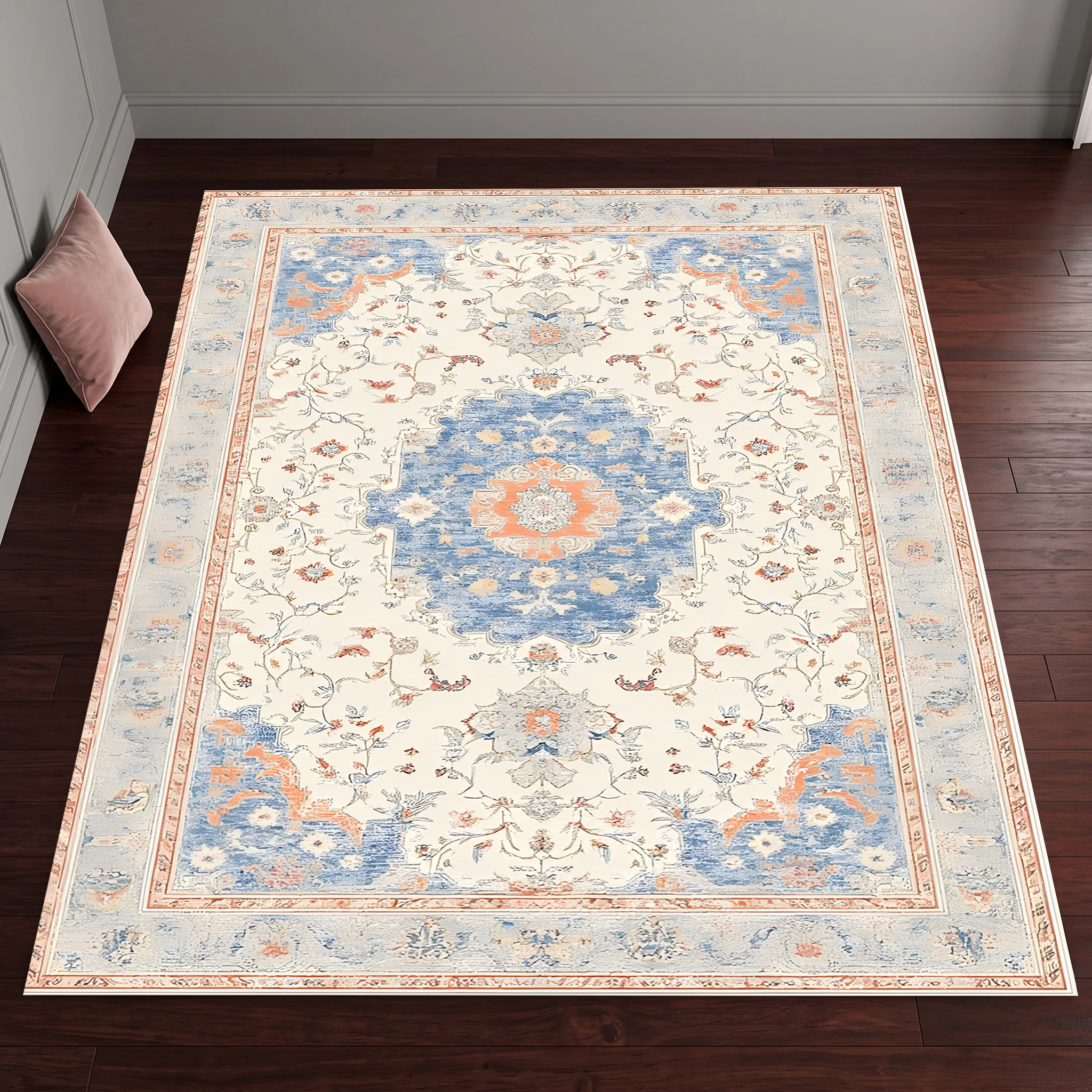 Soft Color Persian Floral Velvet Area Rug, Retro Cozy for Living Room Bedroom, Christmas Autumn Winter