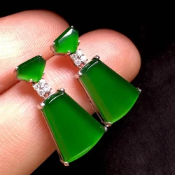 Original Design Natural Hetian Chalcedony Geometric Large Women's Earrings Unique Chinese Style Simple Silver Jewelry