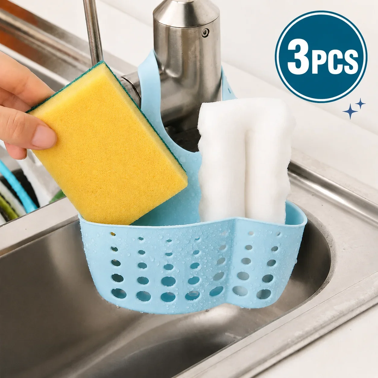 3PCS Sink Caddy Sponge Holder Hanging Drain Basket Kitchen Faucet Organizer for Dishwashing Supplies Soap Brush Scrubber Storage