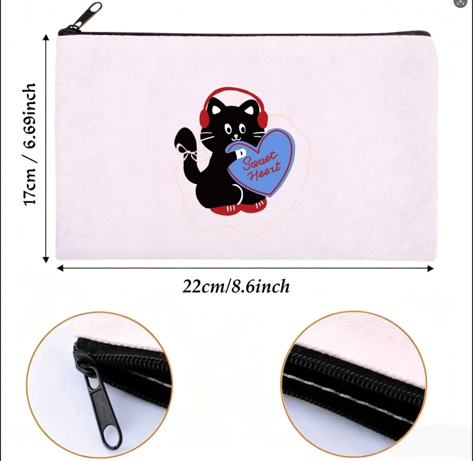 1PC Sweet Heart Headset Black Cat Cosmetic Bag Canvas Zipper Makeup Pouch