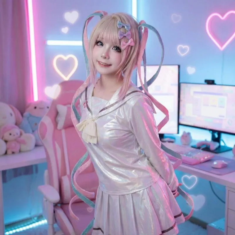 

Game Rain Ame Cosplay Costume Virtual Streamer Cos White Shirt Skirt JK Uniform Wig Headwear Role Play Outfit for Women