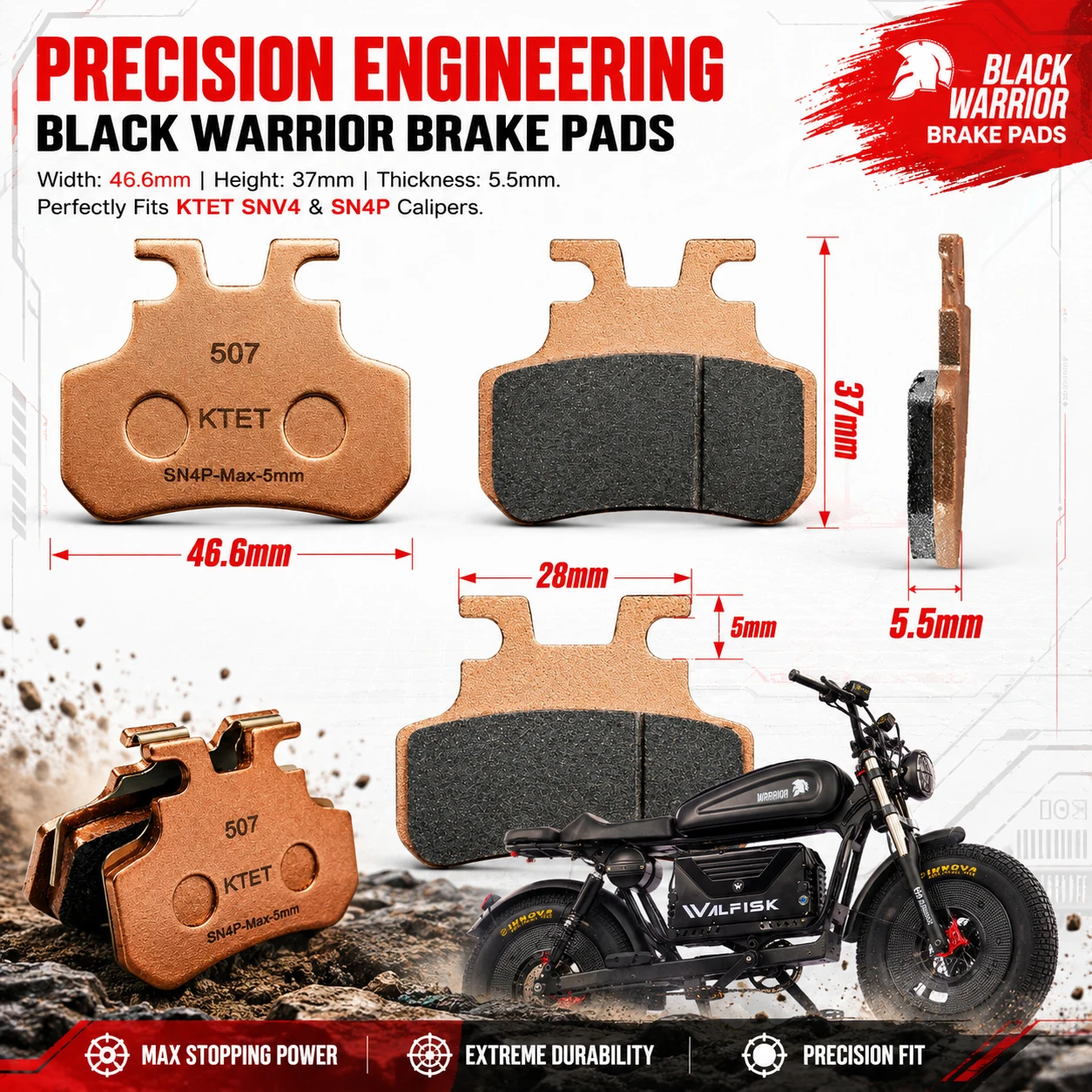 Black Warrior Brake Pads Semi-Metallic Precision Control for Himoto OWAYEBIKE WALFISK EKXBike KTET