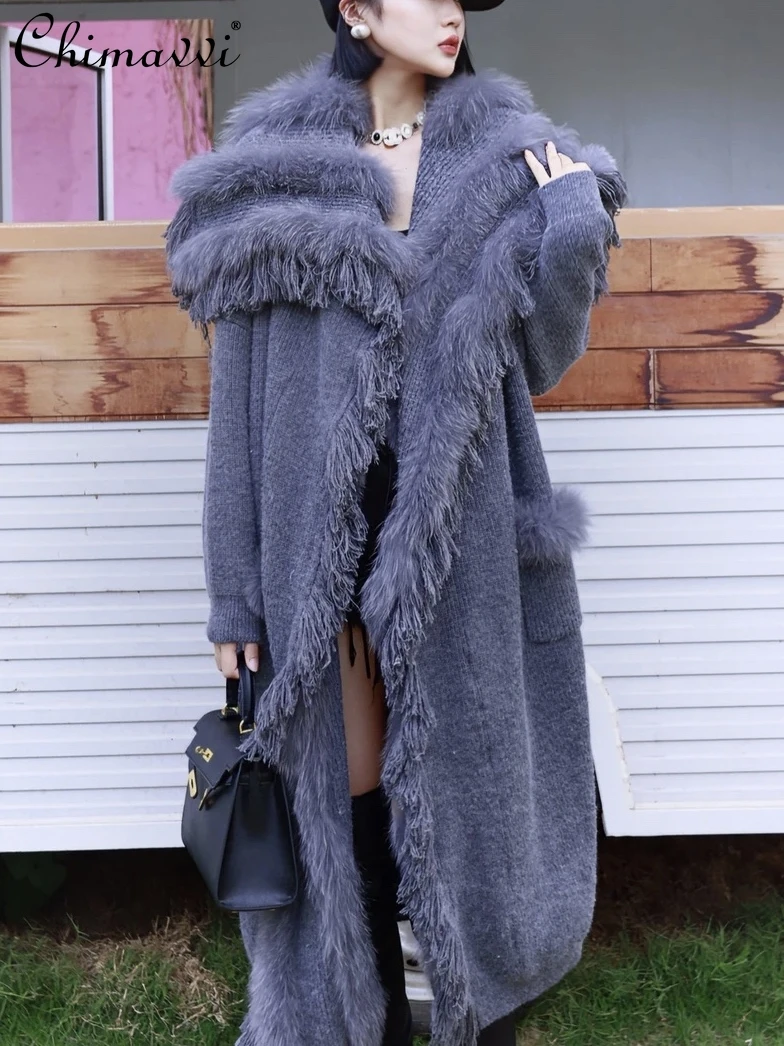 

High-end Temperament Long Knitted Cardigan Coat Women's Fashion Loose-Fitting Long Sleeves Fox Fur Stitching Sweater Coat