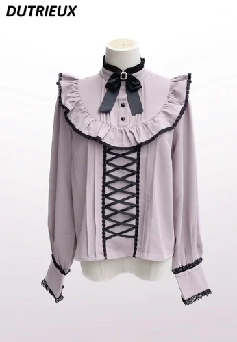 

Japanese Mine Lace-up Stand Collar Shirt Women Bow Tie Long Sleeve Japanese Style Lolita Blouse Female Spring Rojita Shirts Top