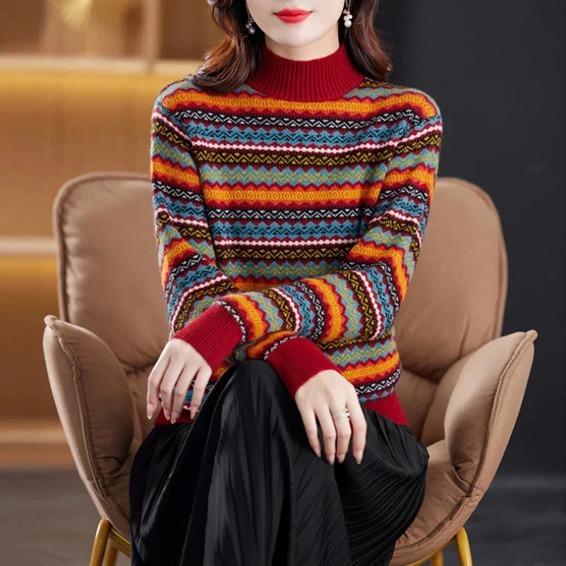 2024 New Half High Collar Print Sweater Women's Stripe Patchwork Korean Temperament Simple Fashion Loose Long Sleeve Knitted Top