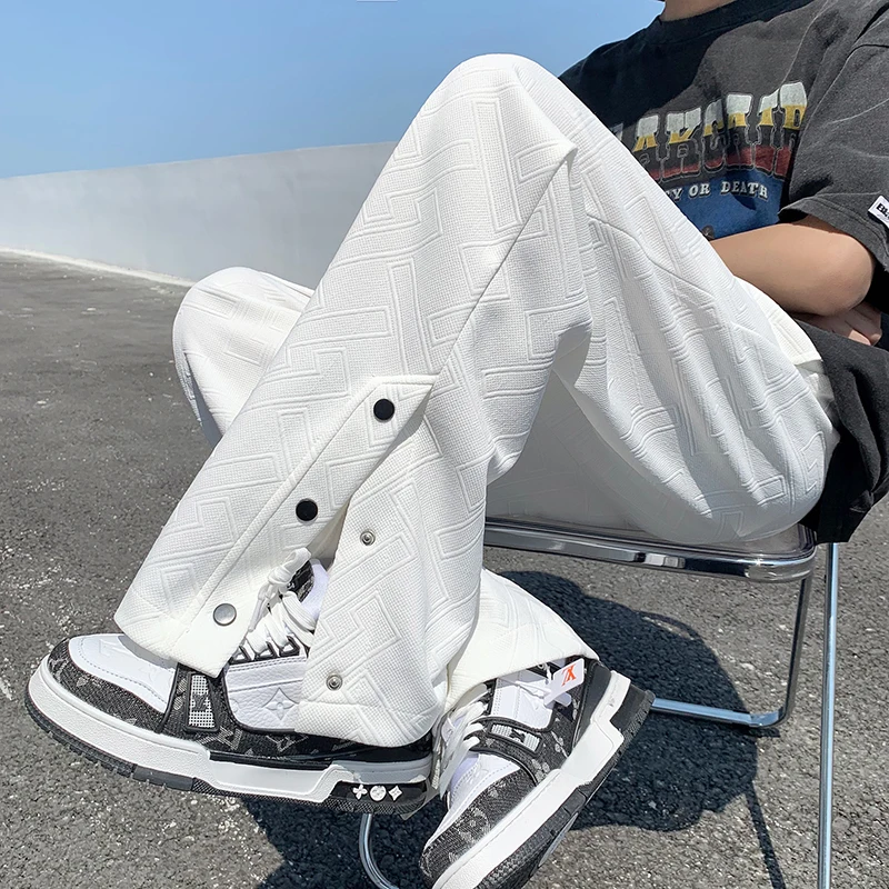 

Trendy Streetwear Baskeall Sweatpants Men's Loose Straight Leg Casual Trousers with Embroidered Button Detailing Summer Lon...