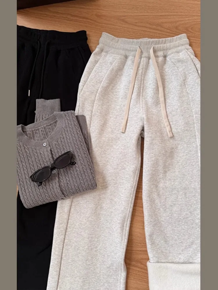 Women's Fleece Lined Thickened Casual Wide Leg Pants Draping Sport Sweatpants New 2023 Style Natural Waist Long Straight Tube