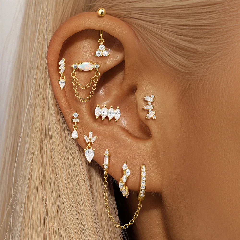 CANNER 1Pc 925 Silver Versatile Snowflake Octagonal Star Stud Earring For Women 18K Gold Crown Horse Eye Upper Ear Cliff Jewelry