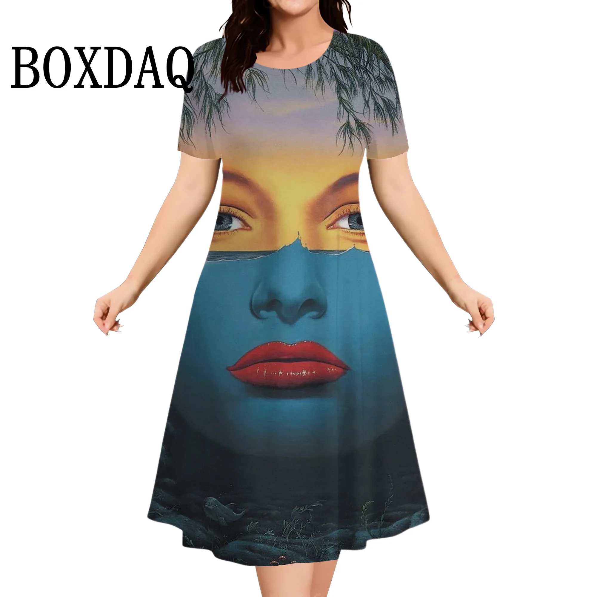 Abstract Gezicht 3D Gedrukt Jurk Voor Vrouwen 2025, Zomer Mode Korte Mouw Mini Jurk Losse Casual Plus Size 9XL Dameskleding