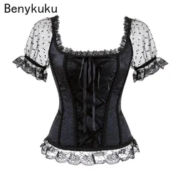 Woman Vintage Gothic Victorian Blouse 2024 Lolita Elastic Black White Top Steampunk 6XL Plus Size Women Clothing Summer Shirt