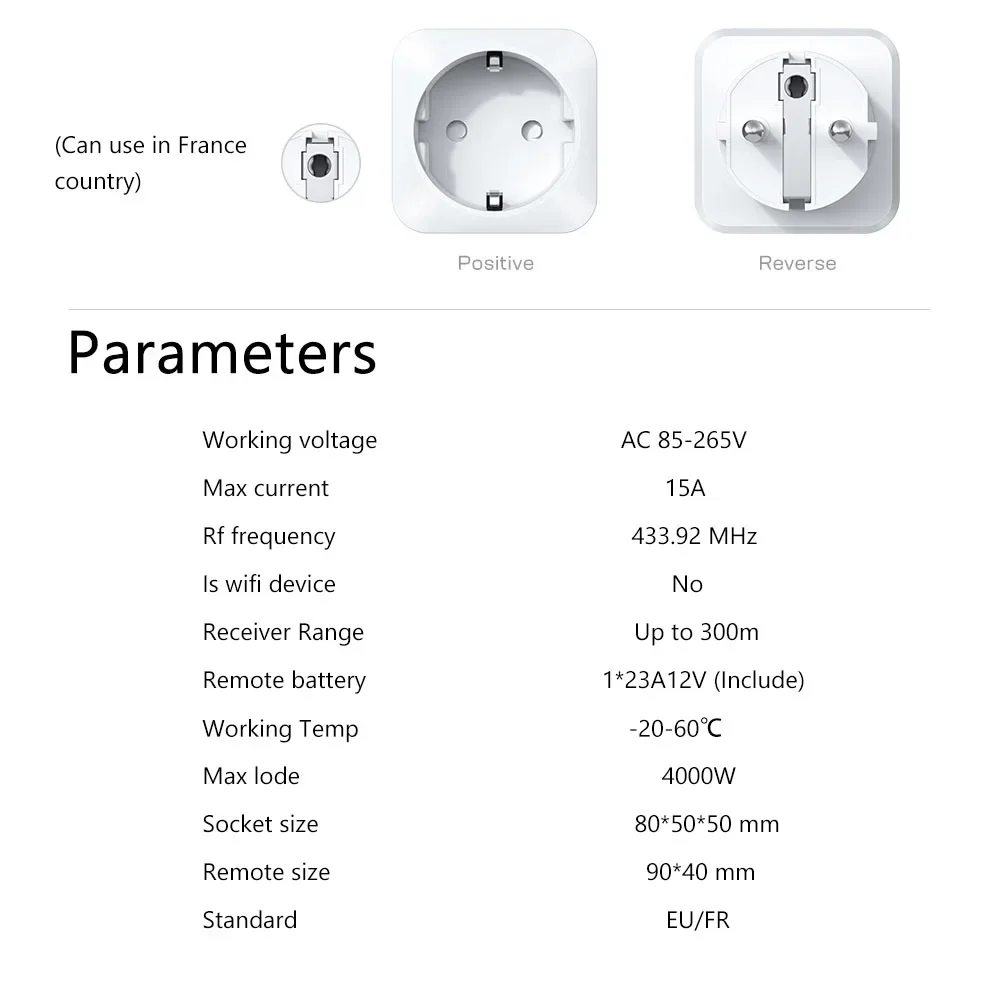 EU/FR Wireless Remote Control Socket and Plug 15A 4000W 220V with 300m Long Range Transmitter for Home Electrical,Light, ON/OFF