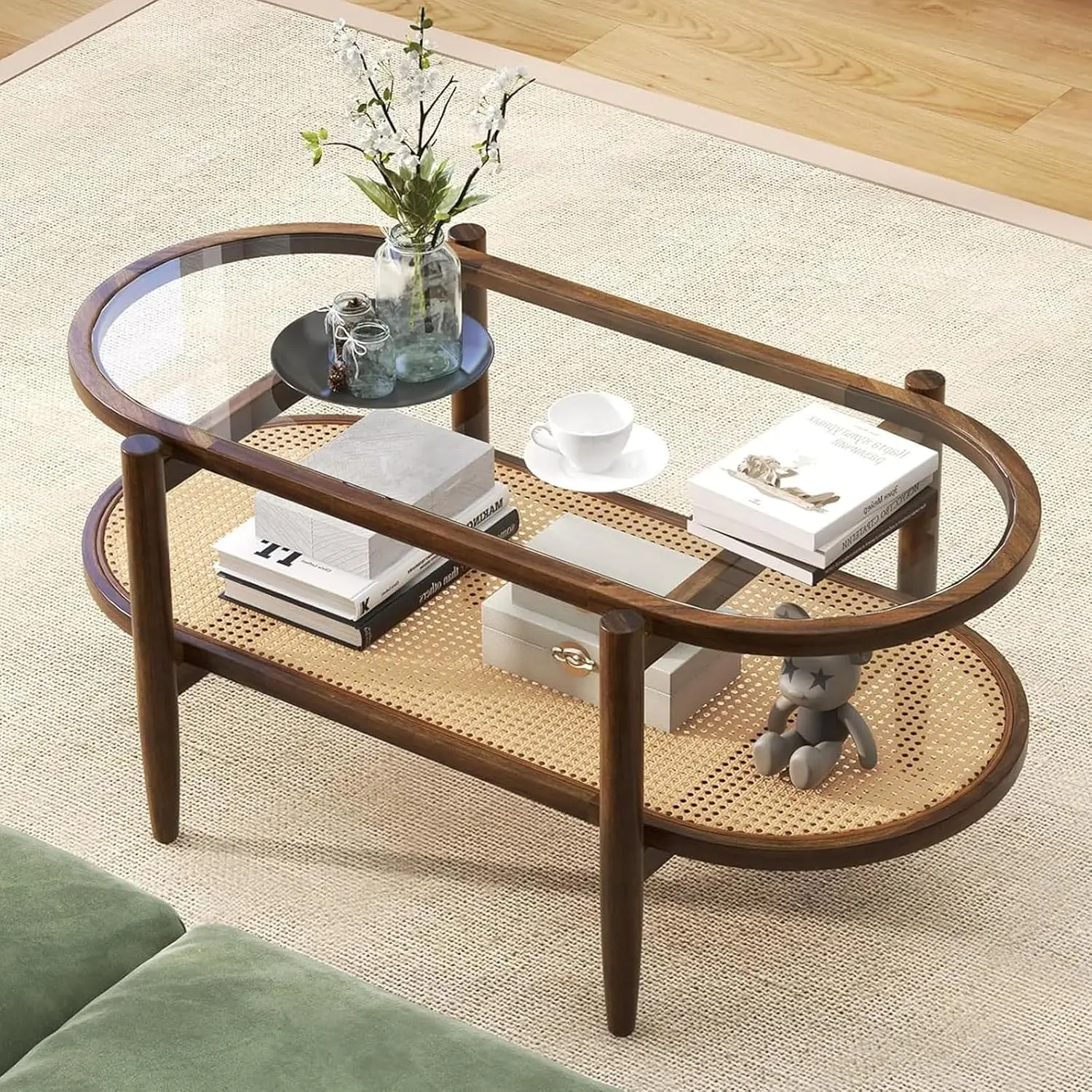 

2-Tier Glass Coffee Table, 40" Oval Center Table With Tempered Glass Top, PE Wicker Storage Shelf, Farmhouse Modern