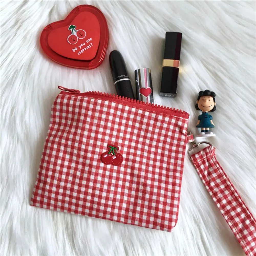 Korean Style Cherry Cosmetic Bag Large Capacity Pouch Plaid Makeup Bags Toiletry Organizer Stationery Bag Canvas Coin Purse Men