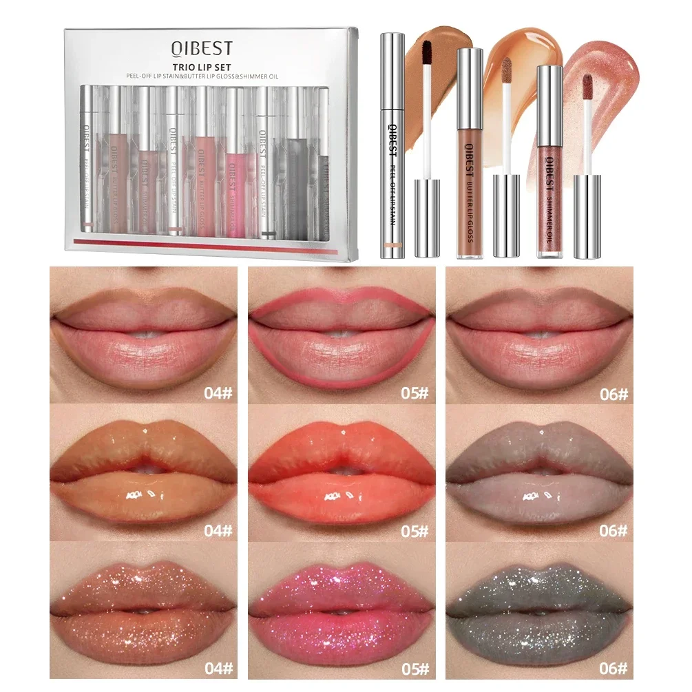 Qibest 9 pçs conjuntos de maquiagem labial multifuncional descascar manchas labiais, esmalte labial espelhado, óleo labial brilhante duradouro matiz cosméticos